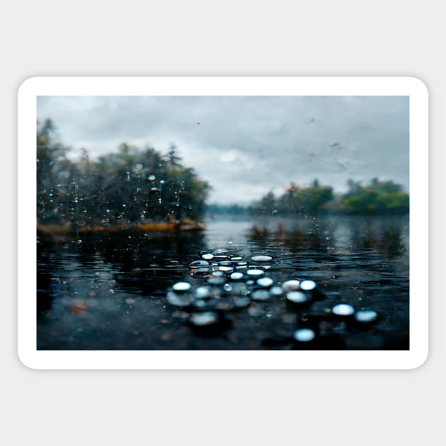 Foggy Lake Falling Raindrops On A Rainy Autumn Day Sticker by Unwind-Art-Work